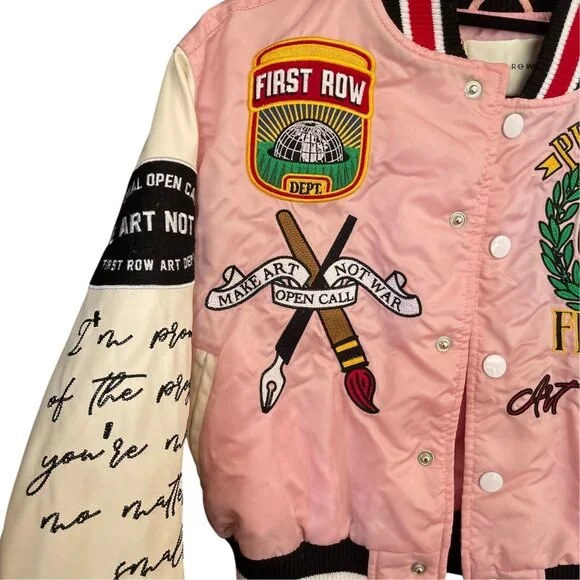 First Row Pen & Brush Cropped Varsity Jacket Pink White Patches Sz S - Picture 2 of 12